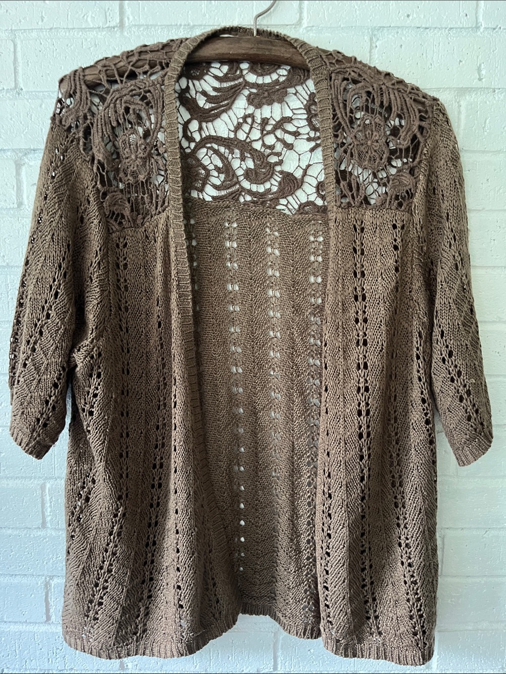 Brown Open-Front Crochet Knit Cardigan Short Sleeve Bohemian Cottagecore